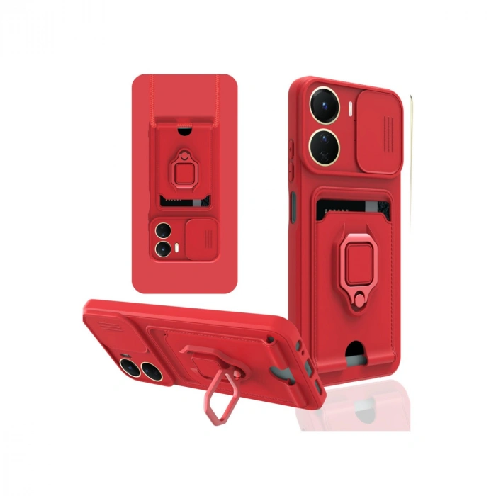 Vivo Y16 Kılıf Zuma Kartvizitli Yüzüklü Silikon - Kırmızı