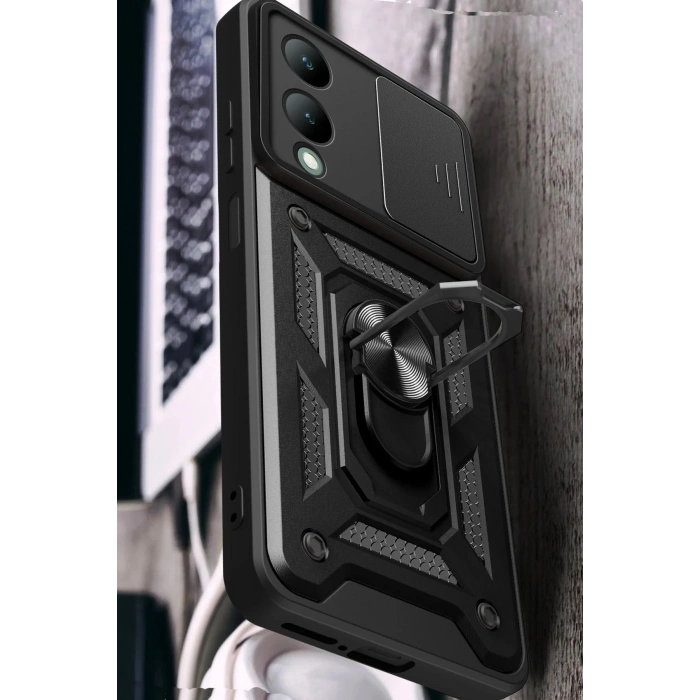 Vivo Y17S Kılıf Pars Lens Yüzüklü Silikon - Siyah