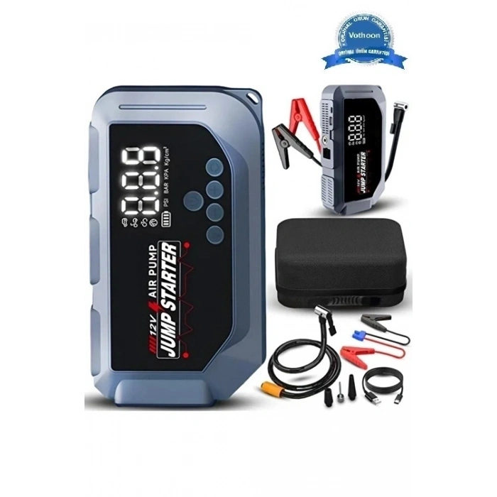 Vtn-605 Şarjlı 12.000 Mah Taşınabilir Çantalı Araç Akü Şarj Takviyeli Işıklı Hava Kompresörü