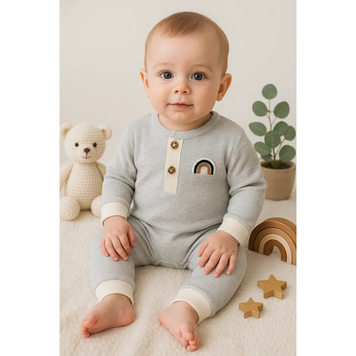 Waffle Gökkuşağı Nakışlı Erkek Bebek Tulumu