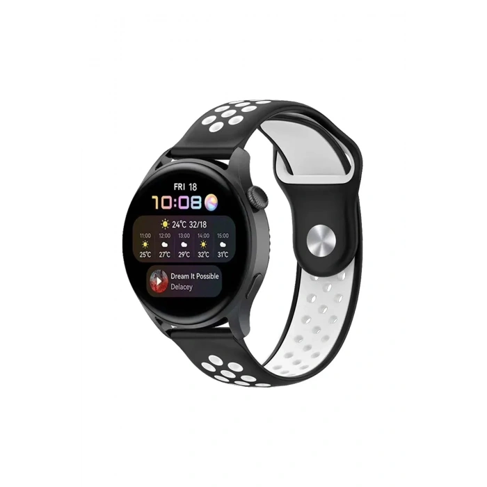 Watch 20mm Spor Delikli Kordon - Siyah-Beyaz