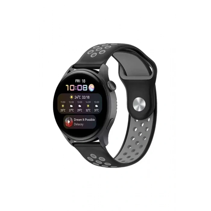 Watch 20mm Spor Delikli Kordon - Siyah-Gri