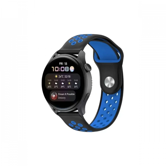 Watch 20mm Spor Delikli Kordon - Siyah-Mavi