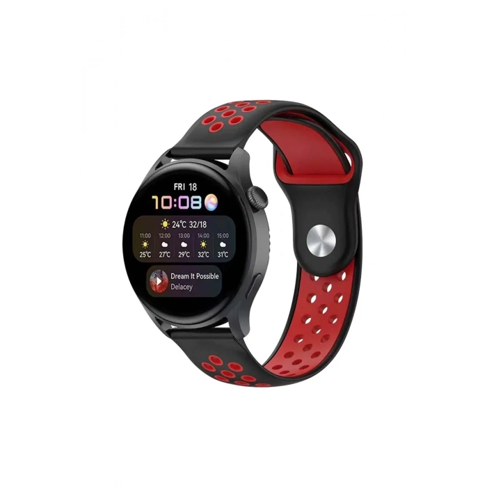 Watch 22mm Spor Delikli Kordon - Siyah-Kırmızı