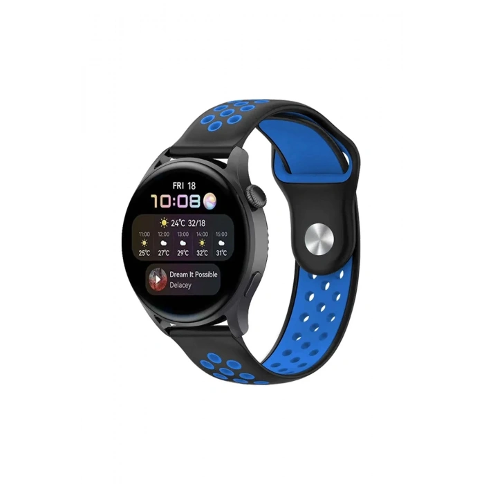 Watch 22mm Spor Delikli Kordon - Siyah-Mavi