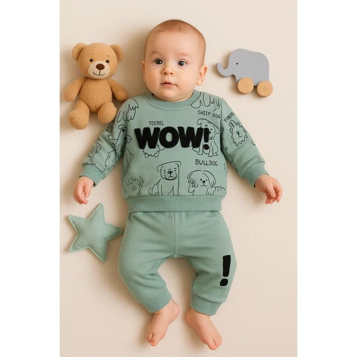 Wow Nakışlı Pamuklu 2li Erkek Bebek Takımı