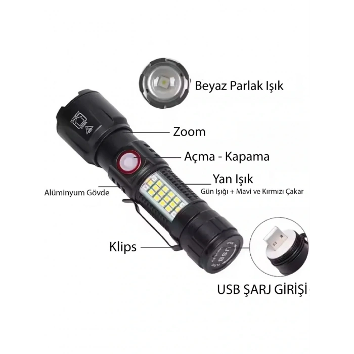 WS-2828 Ultra USB Şarjlı Polis El Feneri, Bekçi, Asker El Feneri Kırmızı Mavi Çakarlı 1000 Lümen (4887)