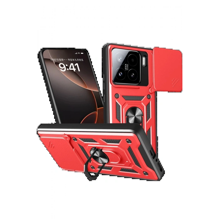 Xiaomi Mi 15 Kılıf Pars Lens Yüzüklü Silikon - Kırmızı