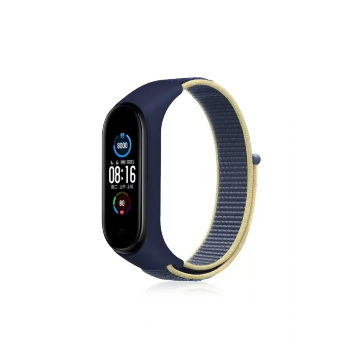 Xiaomi Mi Band 4 Hasırlı Cırtcırtlı Kordon - Sarı-Lacivert