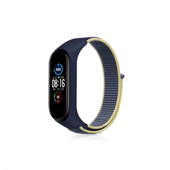 Xiaomi Mi Band 4 Hasırlı Cırtcırtlı Kordon - Sarı-Lacivert