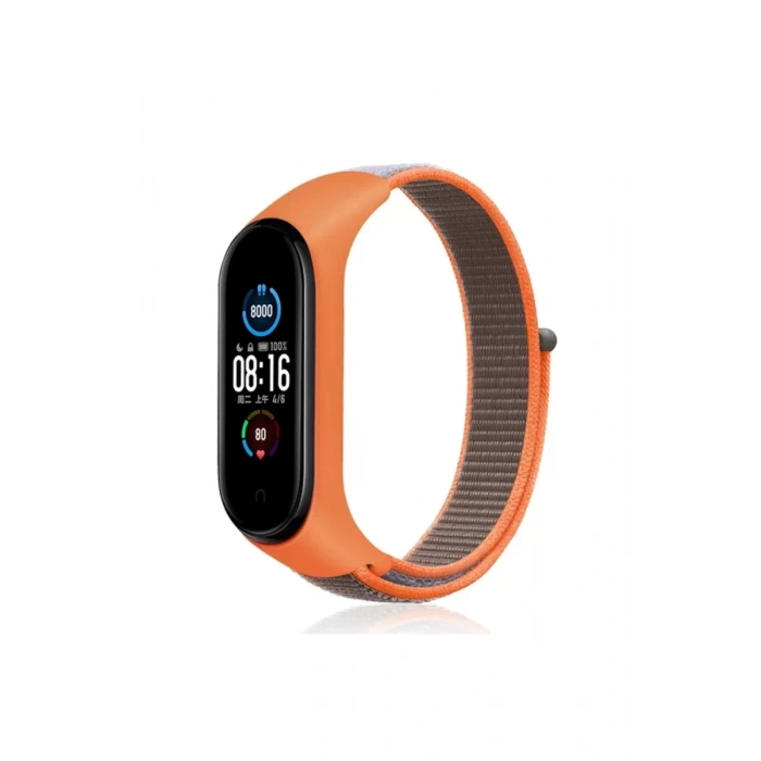 Xiaomi Mi Band 4 Hasırlı Cırtcırtlı Kordon - Turuncu-Gri