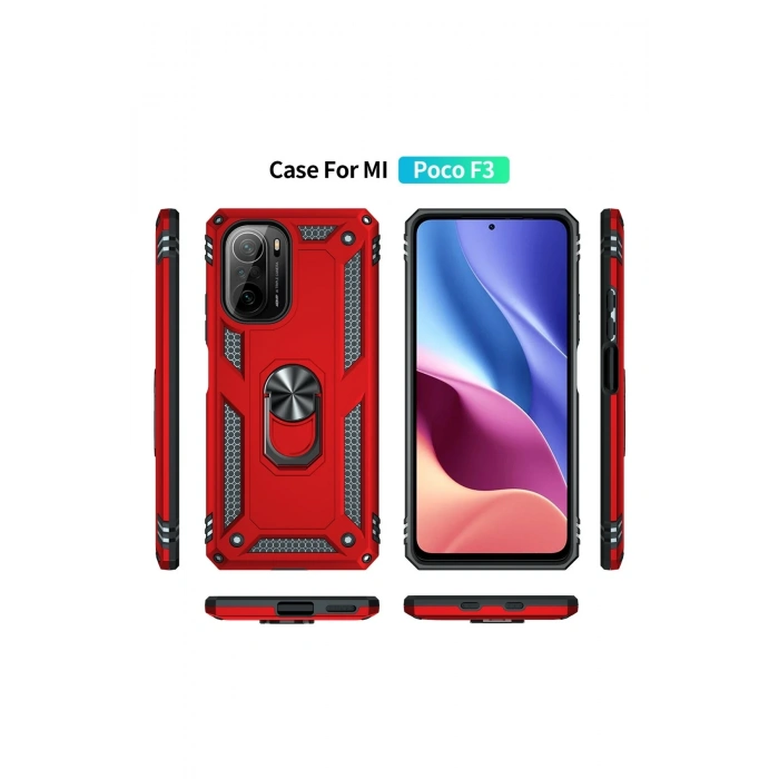 Xiaomi Poco F3 Kılıf Sofya Yüzüklü Silikon Kapak - Kırmızı