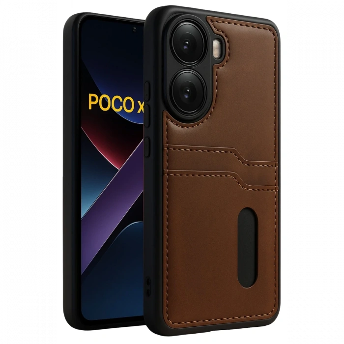 Xiaomi Poco X7 Pro Kılıf Sara Kartvizitli Deri Kılıf - Taba