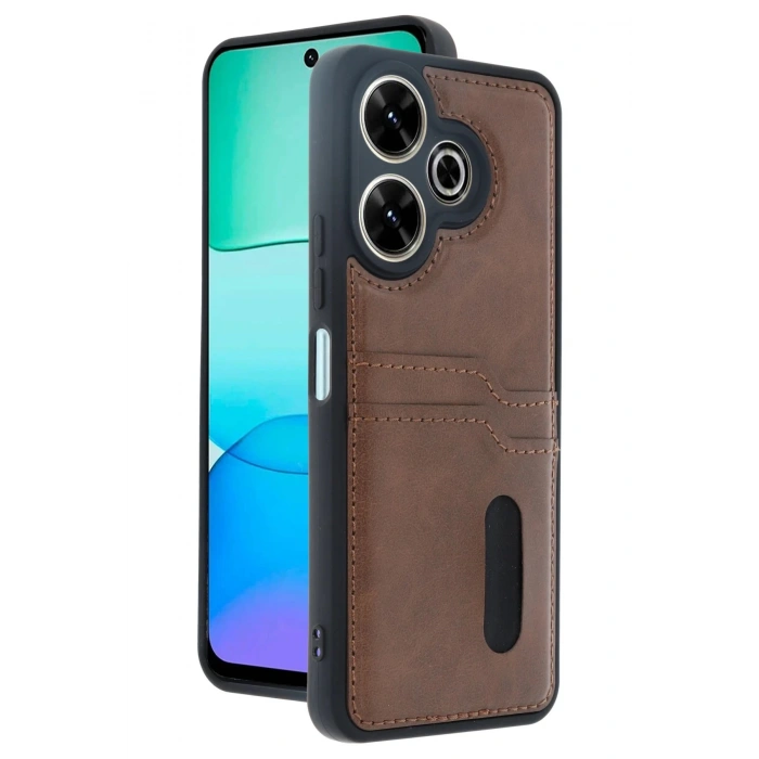 Xiaomi Redmi 13 4G Kılıf Sara Kartvizitli Deri Kılıf - Taba