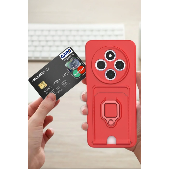 Xiaomi Redmi 14C Kılıf Zuma Kartvizitli Yüzüklü Silikon - Kırmızı