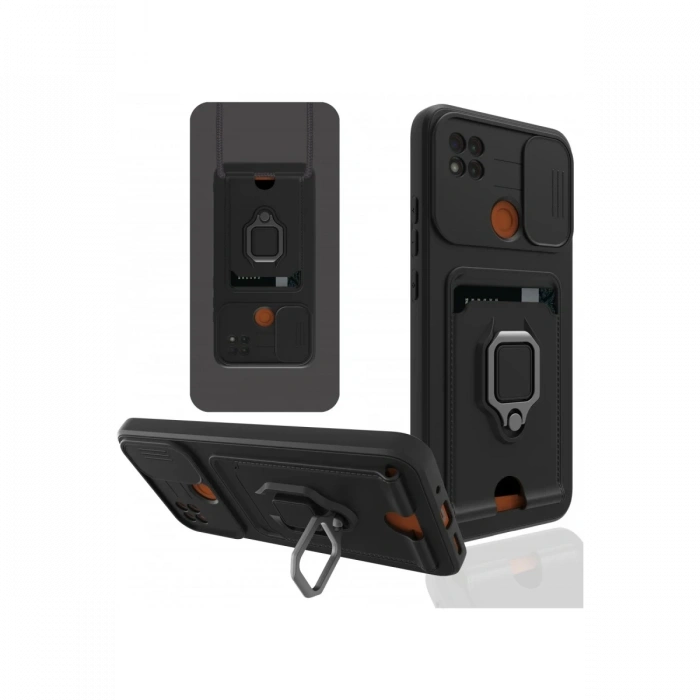 Xiaomi Redmi 9C Kılıf Zuma Kartvizitli Yüzüklü Silikon - Siyah