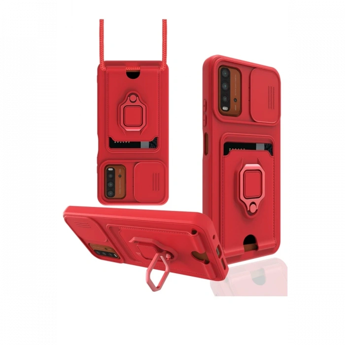 Xiaomi Redmi 9T Kılıf Zuma Kartvizitli Yüzüklü Silikon - Kırmızı