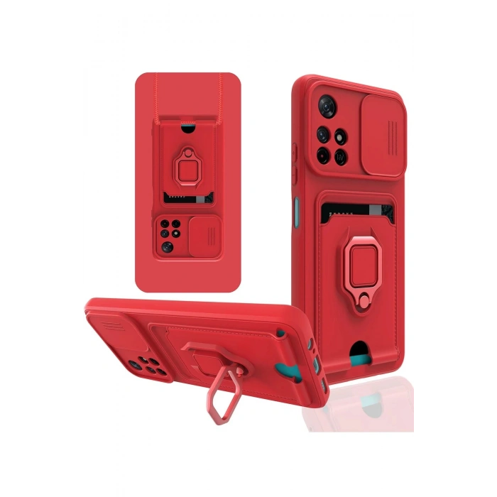 Xiaomi Redmi Note 11T Kılıf Zuma Kartvizitli Yüzüklü Silikon - Kırmızı