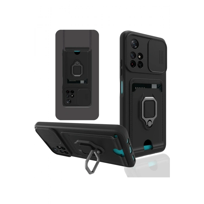 Xiaomi Redmi Note 11T Kılıf Zuma Kartvizitli Yüzüklü Silikon - Siyah