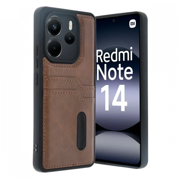 Xiaomi Redmi Note 14 4G Kılıf Sara Kartvizitli Deri Kılıf - Taba