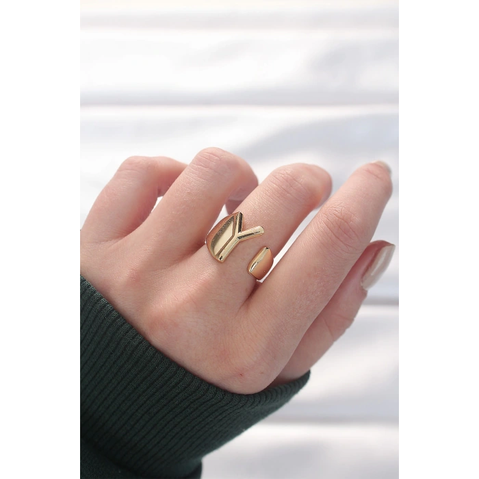 Y Harfli Altın Renk Ayarlanabilir Yüzük - TJ-BYK3151