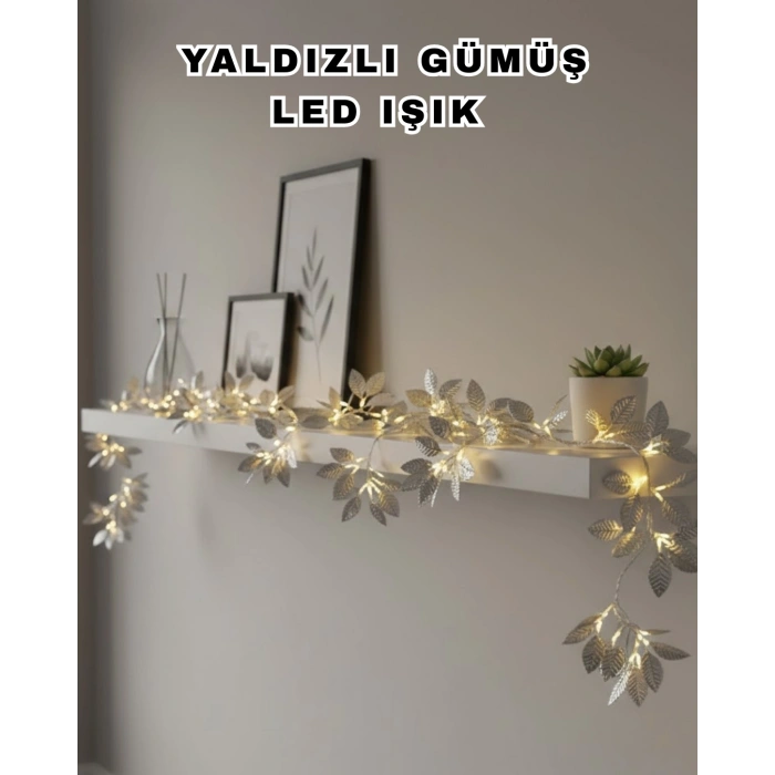 Yaldızlı Gümüş Yaprak Led Işık Pilli Dekoratif Ortam Ve Yılbaşı Aydınlatması
