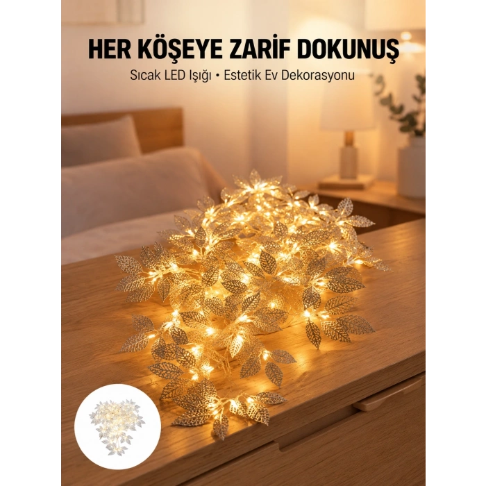 Yaprak Şekilli Gümüş Led Işık Pilli Dekoratif Aydınlatma