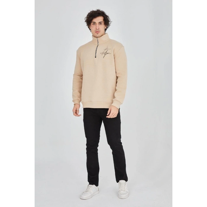 Yarım Fermuarlı Baskılı Sweat - Bej -