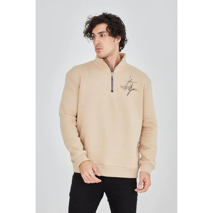 Yarım Fermuarlı Baskılı Sweat - Bej -