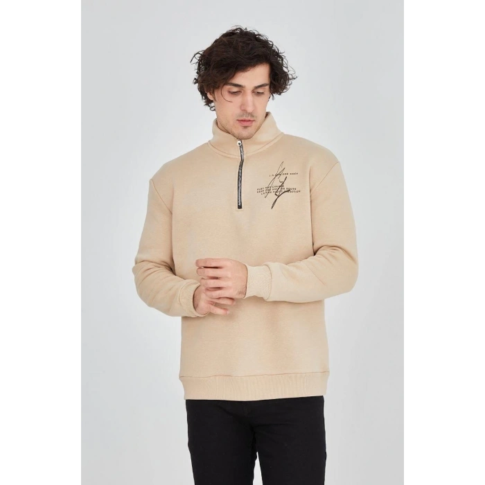 Yarım Fermuarlı Baskılı Sweat - Bej -