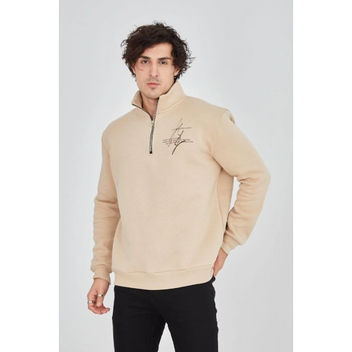 Yarım Fermuarlı Baskılı Sweat - Bej -