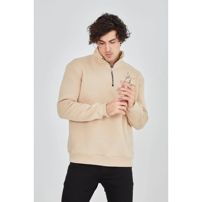 Yarım Fermuarlı Baskılı Sweat - Bej -