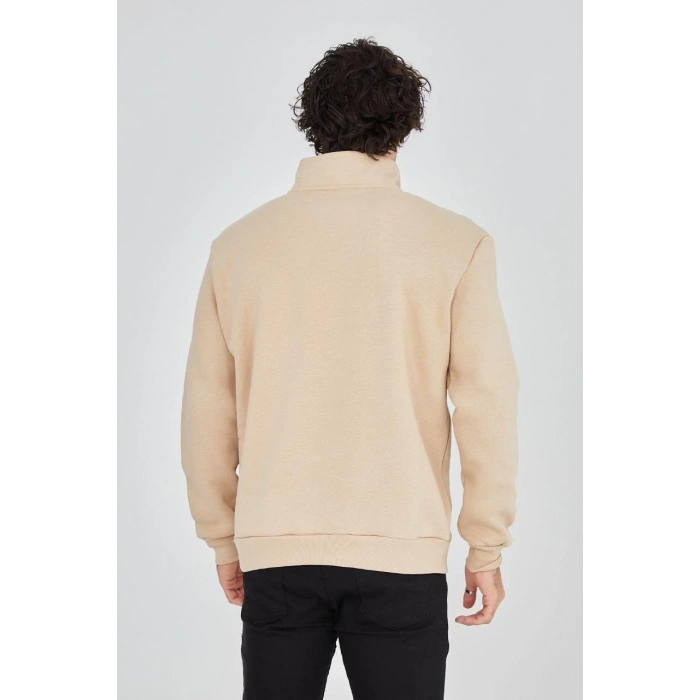 Yarım Fermuarlı Baskılı Sweat - Bej -