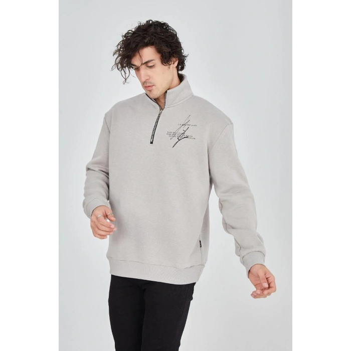 Yarım Fermuarlı Baskılı Sweat - Boyalı Gri -