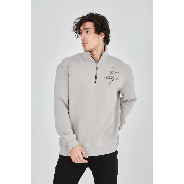 Yarım Fermuarlı Baskılı Sweat - Boyalı Gri -