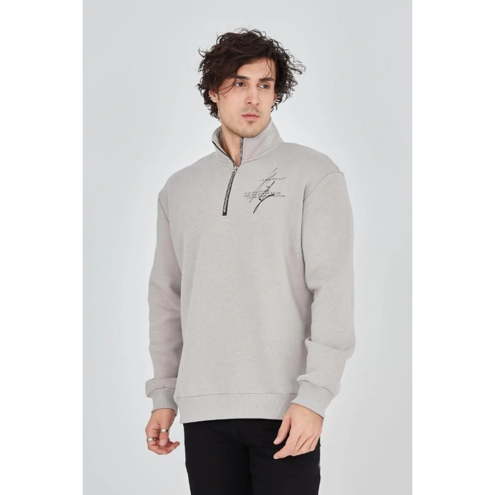 Yarım Fermuarlı Baskılı Sweat - Boyalı Gri -