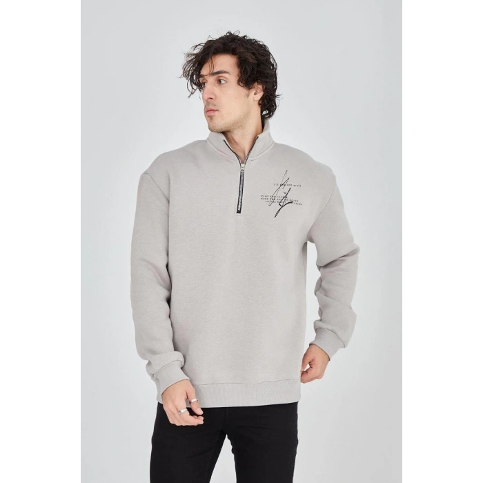 Yarım Fermuarlı Baskılı Sweat - Boyalı Gri -