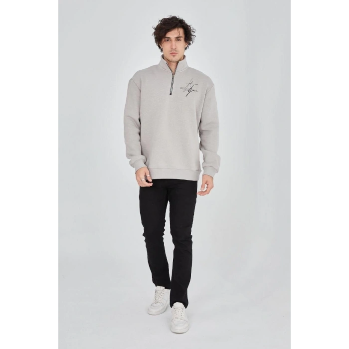 Yarım Fermuarlı Baskılı Sweat - Boyalı Gri -