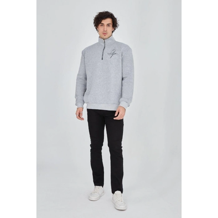 Yarım Fermuarlı Baskılı Sweat - Gri -