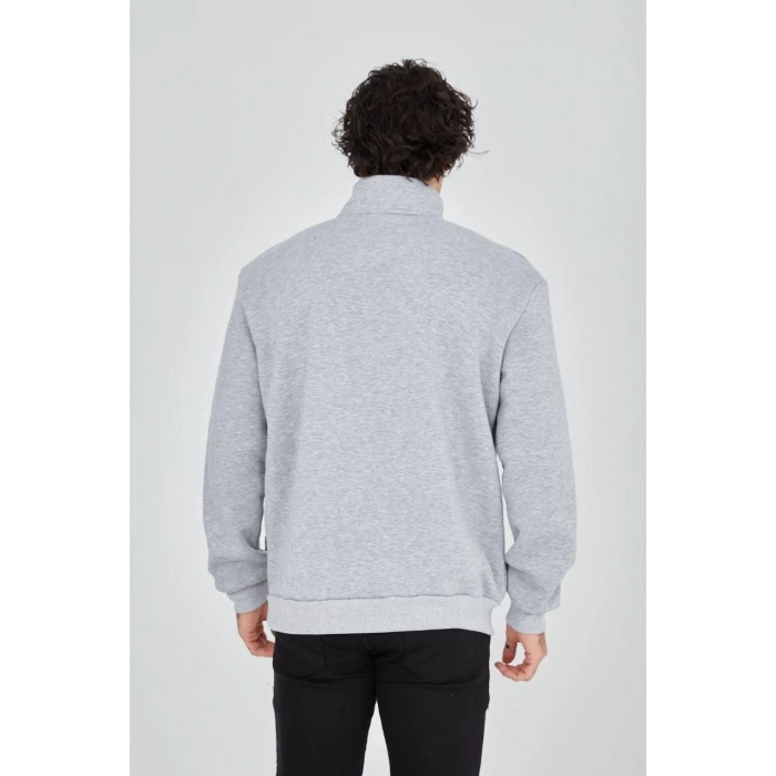 Yarım Fermuarlı Baskılı Sweat - Gri -