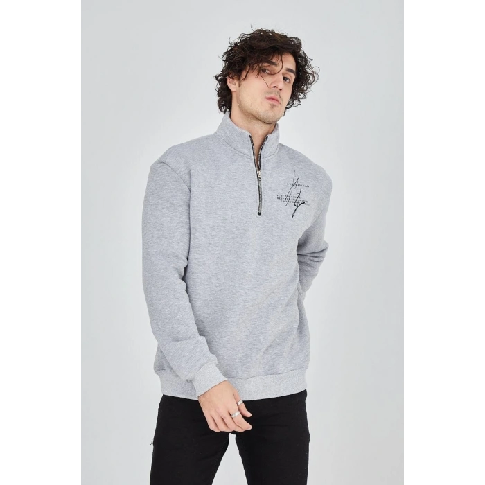Yarım Fermuarlı Baskılı Sweat - Gri -