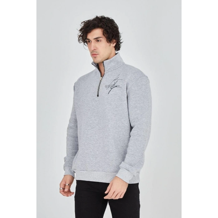 Yarım Fermuarlı Baskılı Sweat - Gri -