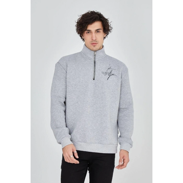 Yarım Fermuarlı Baskılı Sweat - Gri -