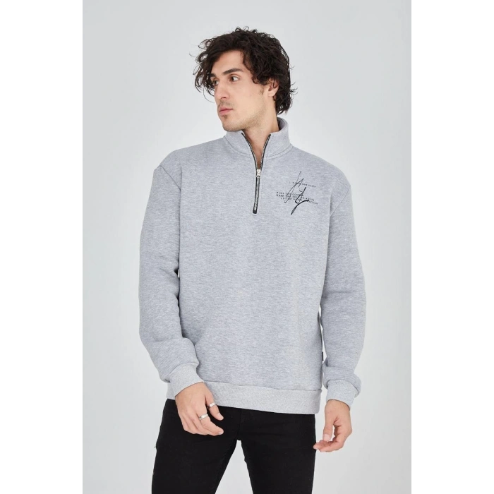 Yarım Fermuarlı Baskılı Sweat - Gri -
