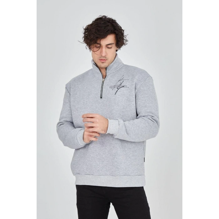 Yarım Fermuarlı Baskılı Sweat - Gri -