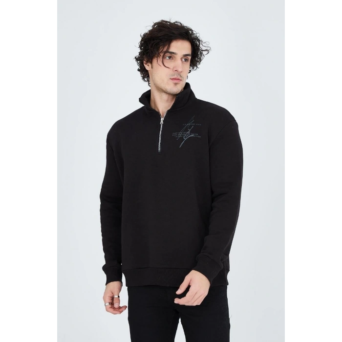 Yarım Fermuarlı Baskılı Sweat - Siyah