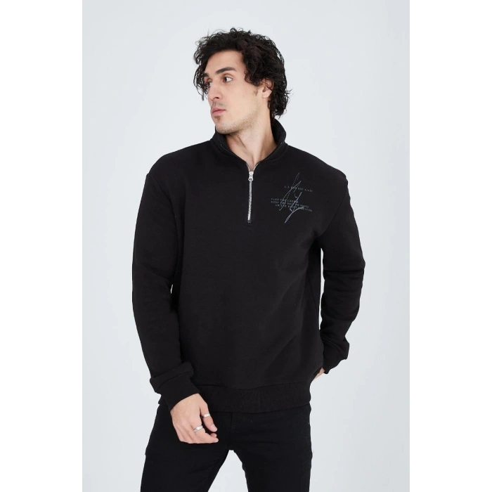 Yarım Fermuarlı Baskılı Sweat - Siyah