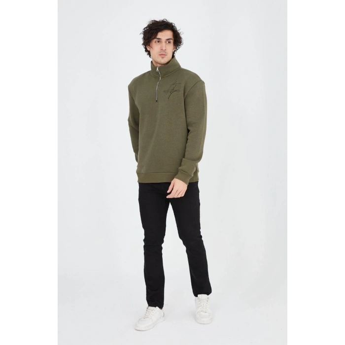 Yarım Fermuarlı Baskılı Sweat - Yeşil -