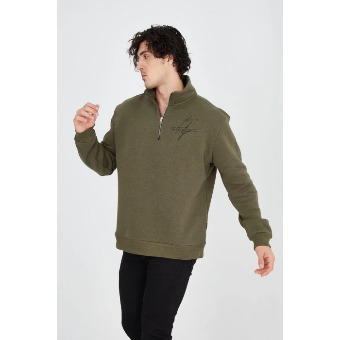 Yarım Fermuarlı Baskılı Sweat - Yeşil -