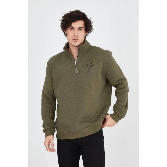 Yarım Fermuarlı Baskılı Sweat - Yeşil -